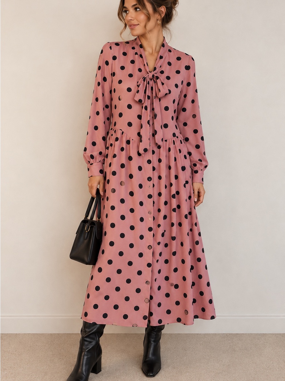 Zara NWT Pink Black Polka Dot Tie Neck Midi Dress XS
